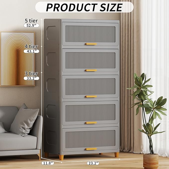 5 Tier Large Storage Bins with 1 Lid 250QT Closet Organizers and Storage Drawers Flip Open Large Plastic Storage Containers for Living Room Office Dorm (5 Tiers)