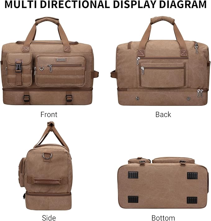 WITZMAN Duffle Bag for Men 50L Canvas Weekender Overnight Bag with Toiletry Bag Sets Travel Duffel Bag Shoes Compartment（A8010/2 Brown）