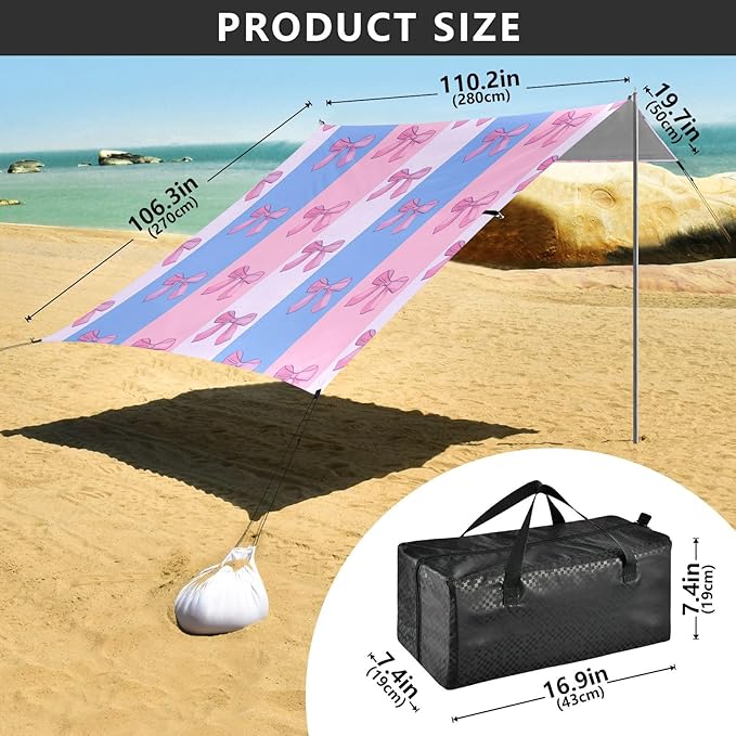 xigua Bow Tie Beach Tent Sun Shelter with Carrying Bag - Silver Coated Oxford Fabric Beach Canopy for Beach Camping Fishing - Includes Windproof Ropes Sandbags &amp Stakes