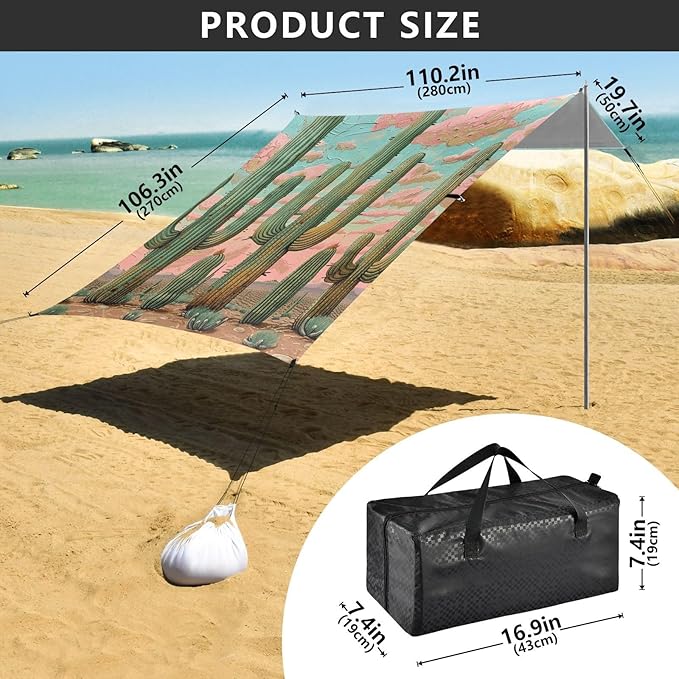 ALAZA Watercolor Cactuses Beach Tent Sun Shelter Portable Canopy Sunshade for Outdoor Camping Picnics Backyard Fun 10x9 ft