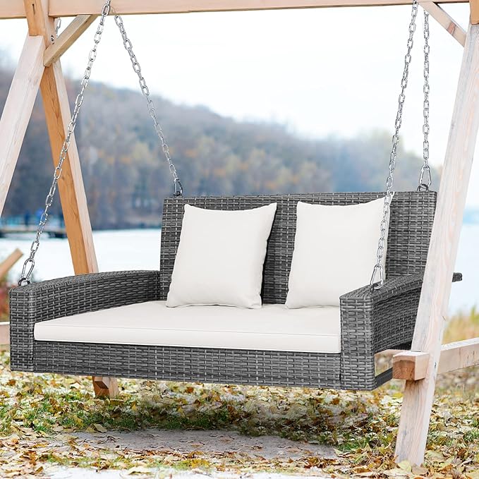 Tangkula 2 Person Wicker Hanging Porch Swing Patiojoy Outdoor Rattan Swing with Soft Cushions and 2 Rustproof Steel Chains 800 LBS Patio Swing Bench for Balcony Garden and Yard