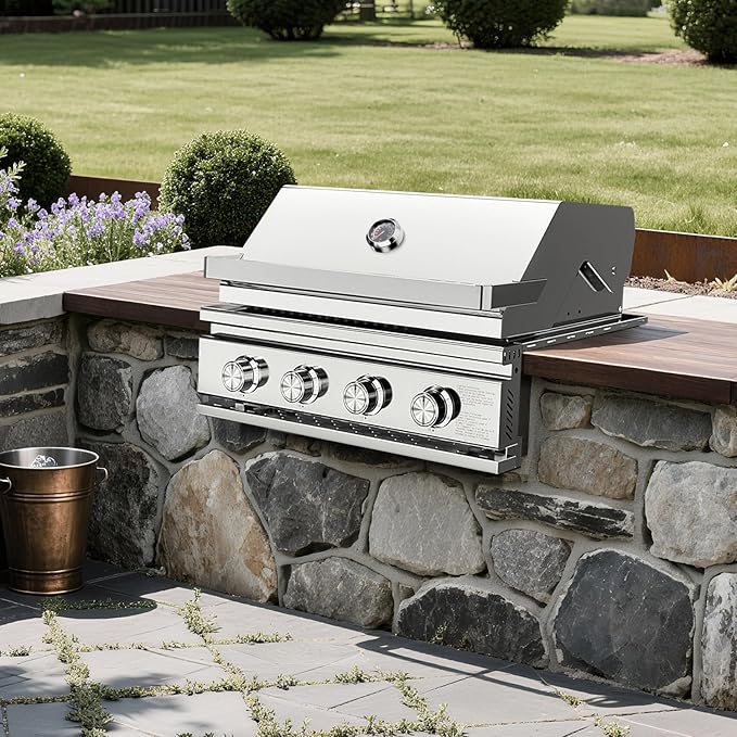 Premium Built In 4 Burner Propane Gas Grill ALL-Thickened 304 Stainless Steel 32000 BTU with 516sq.in. Cooking Space Baking Tray &amp Gratesfor Patio Backyard Parties Barbecue