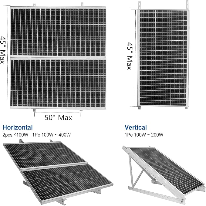 GENORTH 2 Sets 45'' Solar Panel Mount Brackets for 100-400 Watt Solar Panelwith Foldable Tilt Legs and Reinforced Cross BarsSuitable for RV Roof Boat Off-Grid etc.
