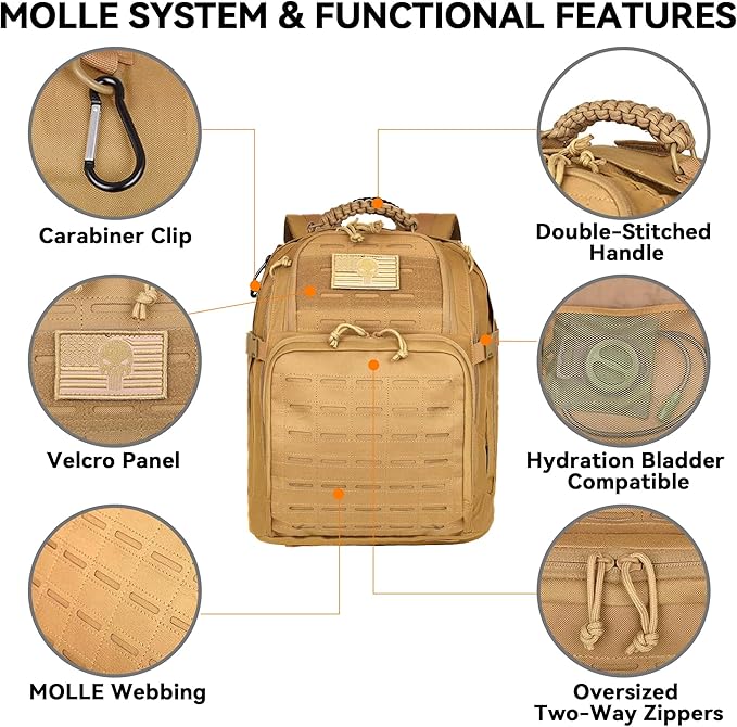 Military Tactical Backpack Tactical Backpack for Men Army 3 Days Assault Pack Military Molle Backpack Waterproof EDC Hiking Bug Out Bag with Water Bladder Compartment Hiking Rucksack