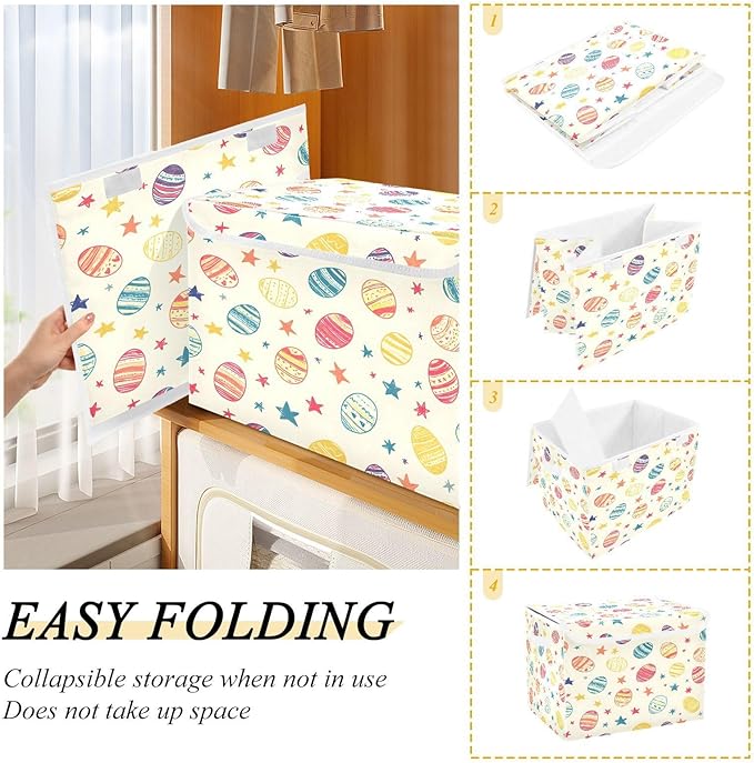 Doodle Easter Egg Pattern Foldable Storage Baskets Fabric Boxes with Handle Organizers with Flip-Top Lids Storage Bins for Home Bedroom Office