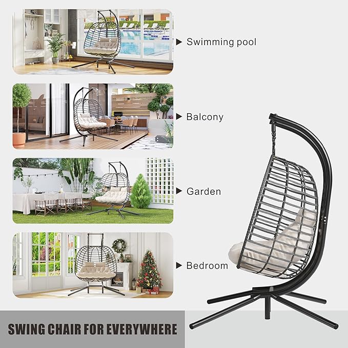 Double Hanging Egg Chair wth Stand Patio Hammock Swing Chair with Cushion Loveseat for Bedroom Balcony Garden Indoor Outdoor Beige