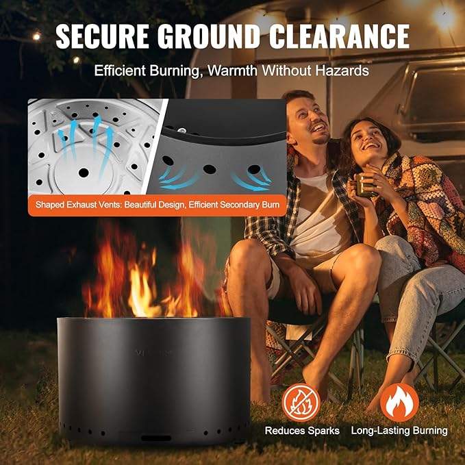 VEVOR Smokeless Fire Pit Stove Bonfire H: 17 in x Dia: 28 inWood Burning Fireplaces with Removable Ash Pan SUS430 Stainless Steel Inner Portable Outdoor Firepitfor Outdoor Patio Camping Black