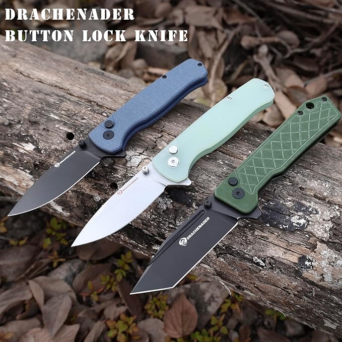 DRACHENADER 7.28 Y-M Pocket Knife for Men with Clip with 2.83 14C28N Steel Blade Button Lock with Safety Switch G10 Handle Sheath for EDC Camping Hiking