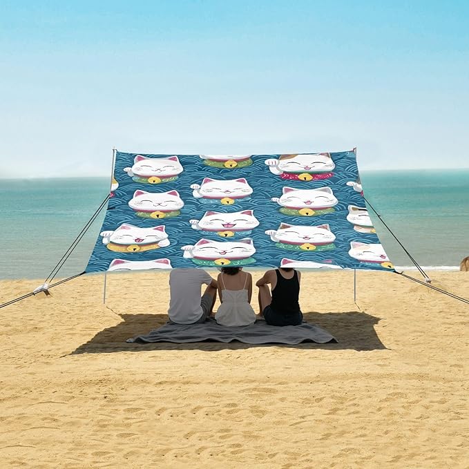 ALAZA Lucky Cat Pattern Beach Tent Sun Shelter Portable Canopy Sunshade for Outdoor Camping Picnics Backyard Fun 10x9 ft