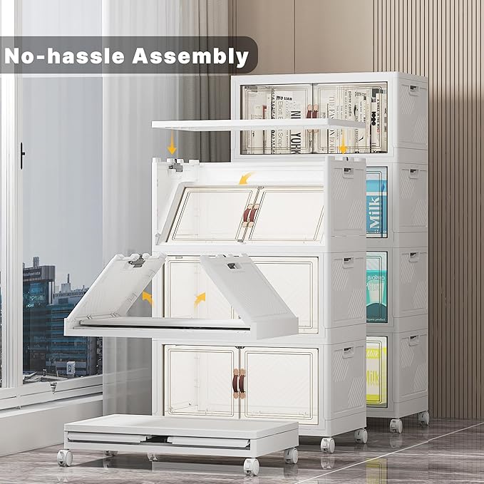 UAMFURI Stackable Storage Bins with Lids Extra Large Plastic Organizer Cabinet Drawers 192QT Collapsible Closet Containers with Doors and WheelsFor Bedroom Office Garage(4Pack Cube)
