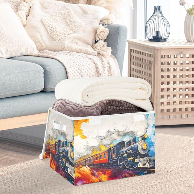 Pastel Train Storage Cube Bins Basket with Lid Collapsible Flip-top Fabric with Handle for Home Bedroom Closet Office 16.5×12.6×11.8 in
