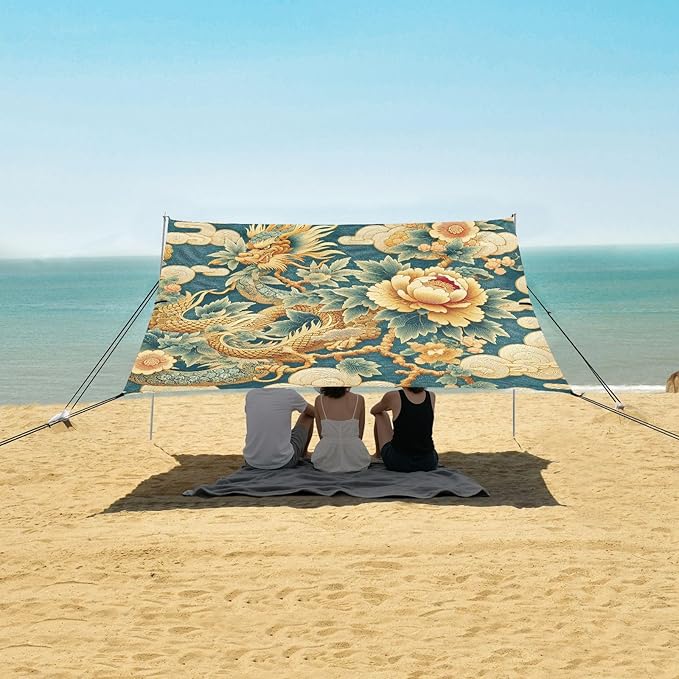 Golden Dragon Flying Peony Cloud Beach Tent Sun Shelter Set UPF50+ UV Protection 10.5 x 9.19 FT Camping Shade Canopy with Sandbags Sand Anchors Carrying Bag and Others