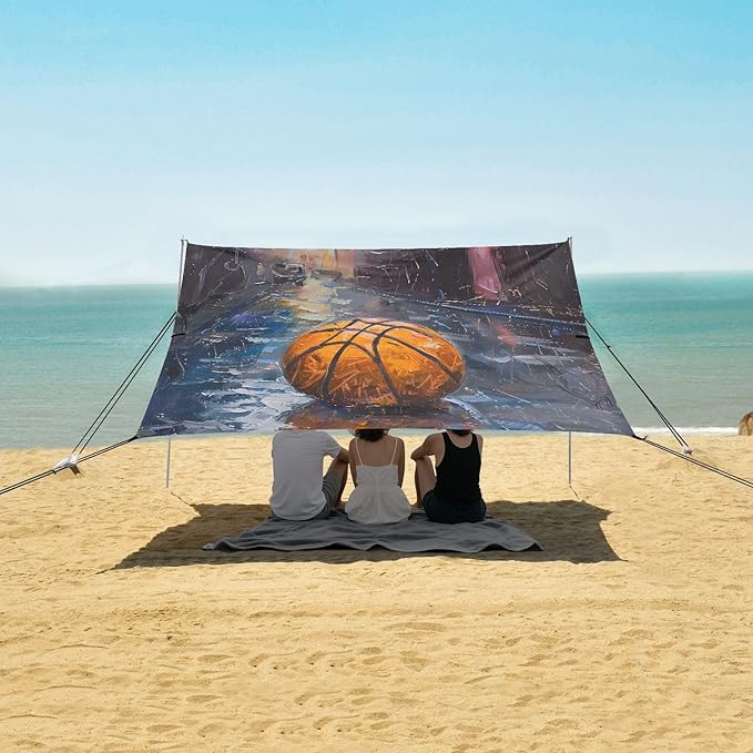 ALAZA Basketball Painting Art Beach Tent Sun Shelter UPF50+ Protection Beach Shade Canopy w/ 4 Sandbags for Outdoor Camping Fishing Backyard Fun Picnic 10x9 ft