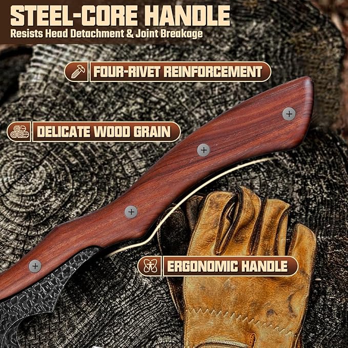 Purple Dragon Camping Hatchet Axe with Sheath - 14 Hand Forged Survival Hatchet for Wood Chopping Splitting &amp Carving Bushcraft Axe for Outdoor &amp Garden Work with Full Tang Wood Handle Men
