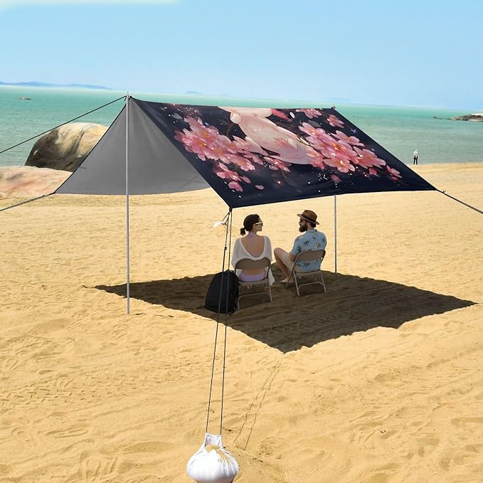 ALAZA Axolotl Cherry Blossom Beach Tent Sun Shelter UPF50+ Protection Beach Shade Canopy w/ 4 Sandbags for Outdoor Camping Fishing Backyard Fun Picnic 10x9 ft
