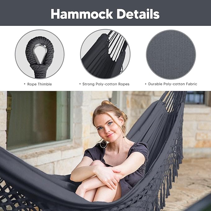 SUNCREAT Portable Outdoor Hammock with Stand Included Double Hammock with Tassel for Outside Dark Gray