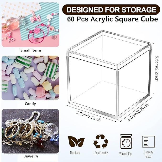 Tuanse 60 Pcs Acrylic Box with Lid Clear Small Acrylic Box Plastic Square Cube with Lid Mini Containers Display 2.2 x 2.2 x 2.2 Inch for Candy Pill Tiny Jewelry Toys Gifts