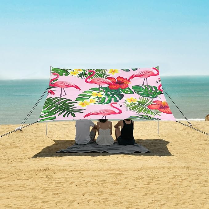 Beach Canopy with Windproof Ropes &amp Sandbags Beach Tent Sun Shade Sun Shelter for Camping Trips Fishing Backyard Fun or Picnics Flamingos