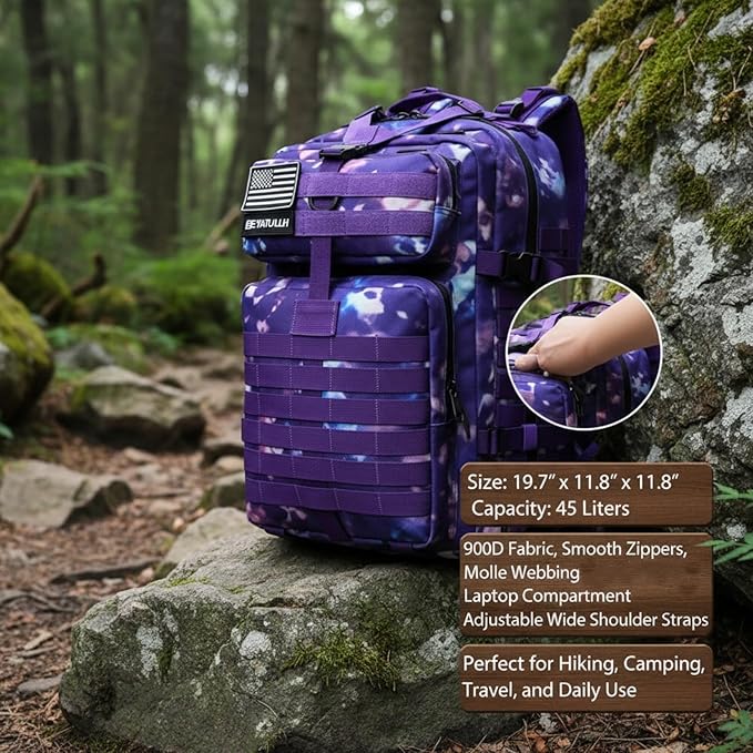 45L Military Tactical Backpack for Men &amp Women Bug Out Bag Assault pack Molle Daypack Hiking Trekking Rucksack (Purple tie-dye)