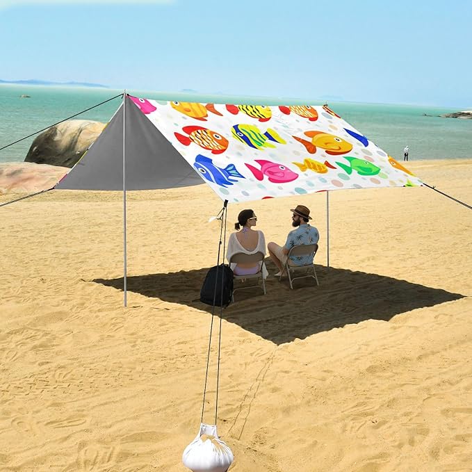 Beach Canopy with Windproof Ropes &amp Sandbags Beach Tent Sun Shade Sun Shelter for Camping Trips Fishing Backyard Fun or Picnics Fish