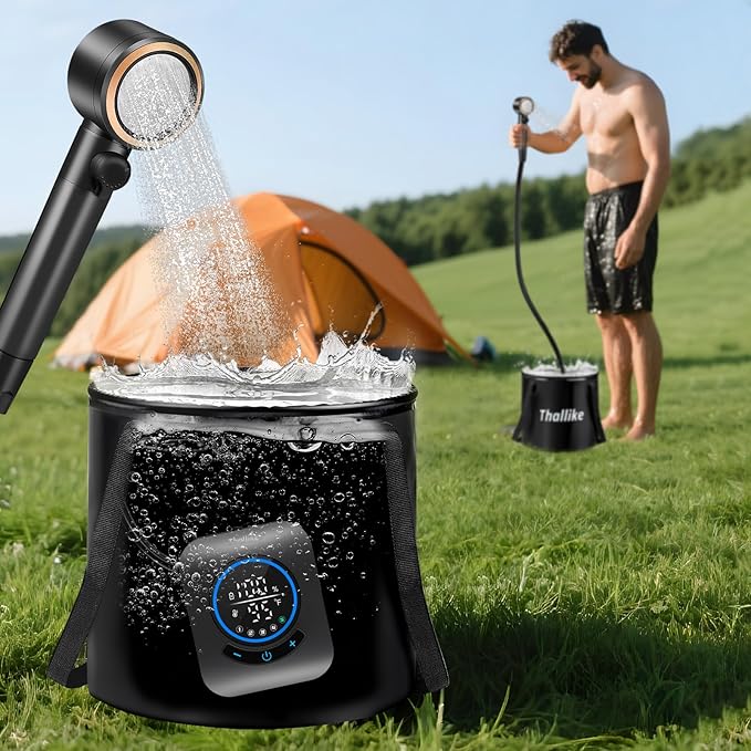 Upgraded Portable Shower 8000mAh Rechargeable Camping Shower Pump with Intelligent Display 5 Pressure Modes IPX8 Waterproof Lightweight Pocket Outdoor Shower Pump Kit for Hiking Travel Car Pet