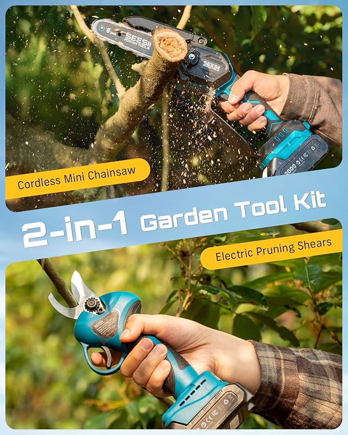 SEESII Mini Chainsaw &amp Electric Pruning Shears Combo 6-inch Brushless Handheld Power Chain Saw 1.2” Cutting Cordless Pruner for Tree Trimming Tools Kit with 2x2000mAh Batteries Fast Charger