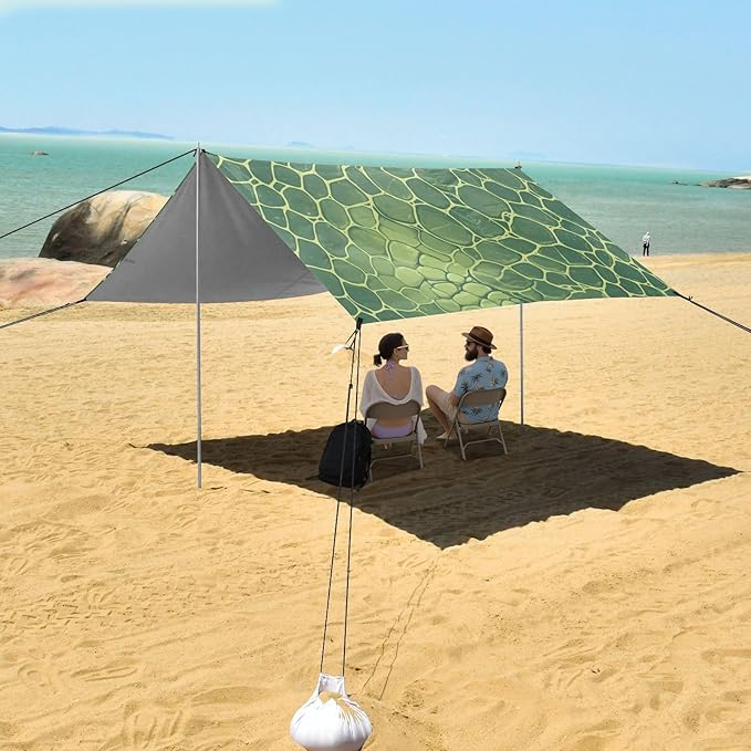 Snake Skin Print Style LightGreen Foldable Beach Tent UPF50+ Lightweight Sun Shelter with Sand Pockets for Camping Trips Fishing Backyard Fun or Picnics