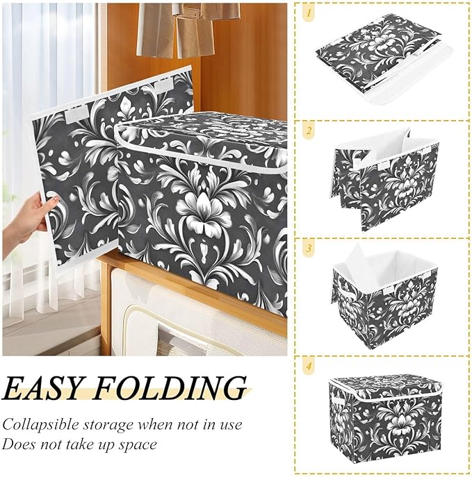 Damask Ornament Lidded Storage Bins with Handles - 16.5x12.6x11.8 Foldable Organizing Box Oxford Fabric &amp Honeycomb Board Dust-Proof Flip Lid for Closet/Office
