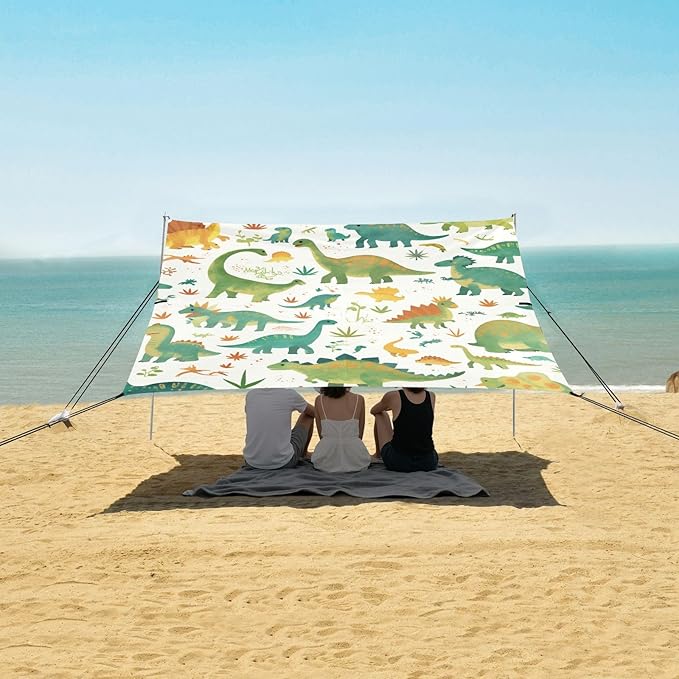 Set Cartoon Watercolor Dinosaurs Beach Cabana Tent UPF50 Easy Setup Large Sun Shelter with Sand Shovel for Camping Trips Fishing Backyard Fun or Picnics