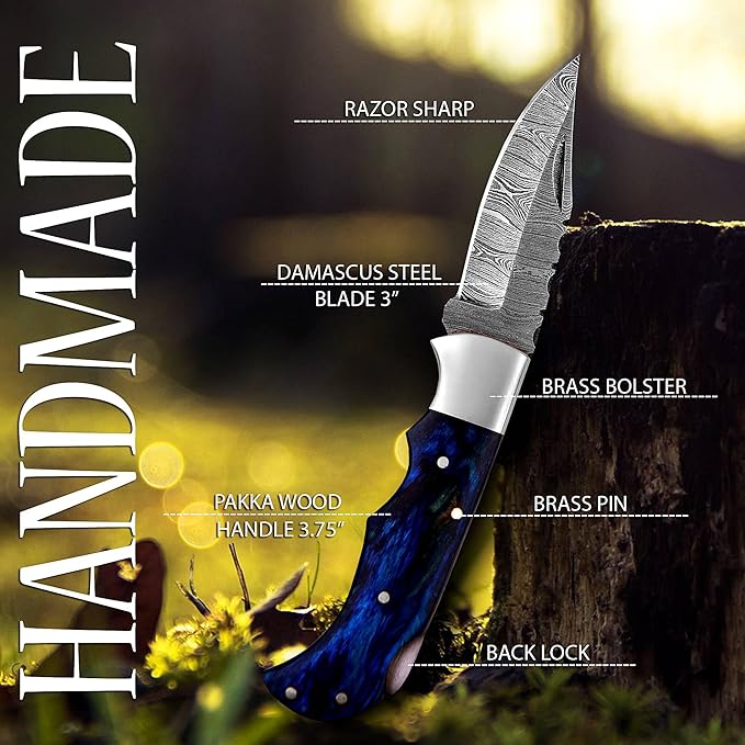 Pocket Knife 2.92 Drop Point Damascus Steel Blade Folding Knife with Blue &amp Black Wood Handle Back Lock EDC Knives with for Men Women GK-751 (Blue)