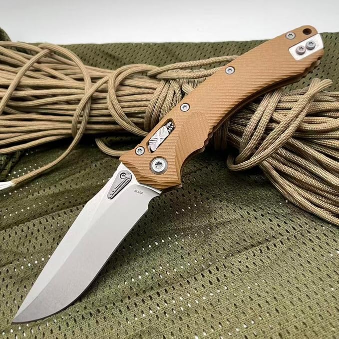 Outdoor Folding Pocket Knife with 3.9 M390 Stonewashed Blade Desert G10 Handle Crossbar-Lock Mechanism for Camping Hiking Survival EDC