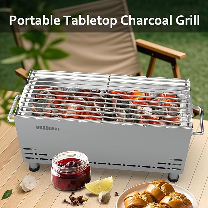 BBQCuker Portable Charcoal GrillHeavy-Duty Stainless Steel Small BBQ Grill with Double-Layer Insulation Design170 Sq. In. cooking AreaTabletop Grill with Travel Bag for Outdoor Camping and Picnic