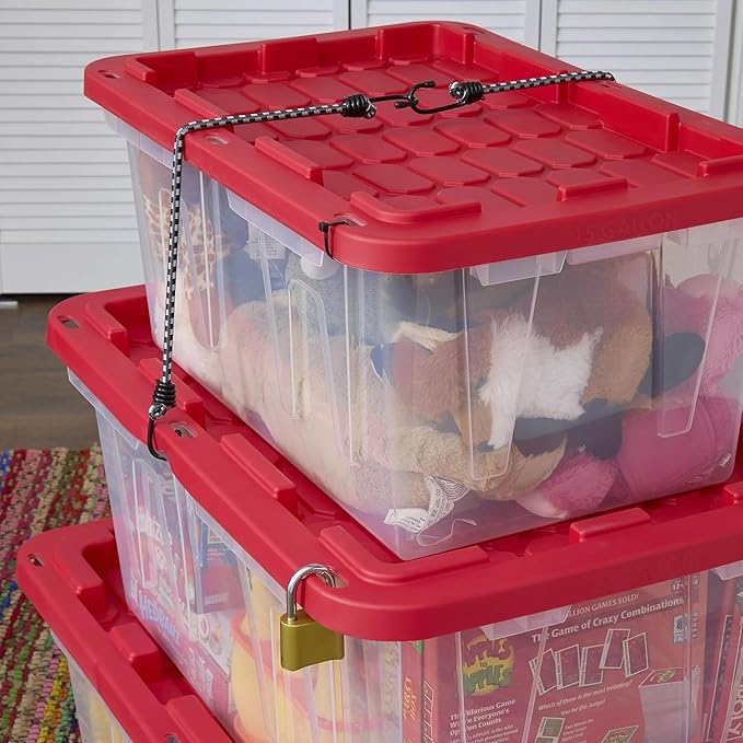 Heavy Duty 15 Gallon Storage Bin with Secure Snap Lid Clear Base and Red Lid for Home Organization Closet Garage