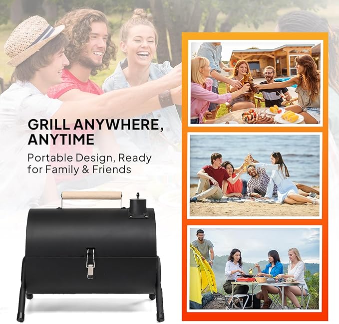 Outvita Portable Charcoal Grill with Thermometer Dual-Sided Small Tabletop Barbecue Grill for Outdoor Camping BBQ Cooking Backyard Party Heavy Duty Easy Assembly (Black)