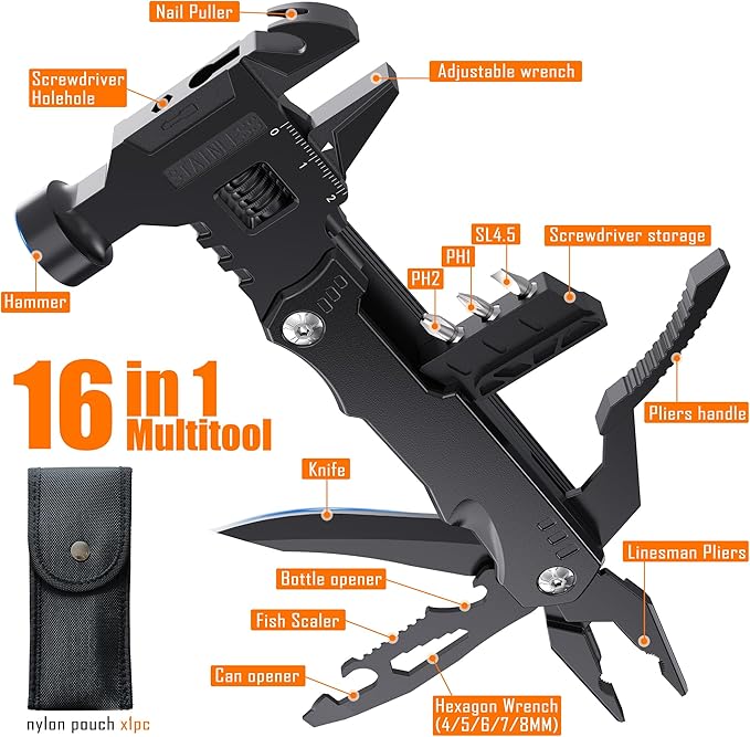 Hammer Multitool Knife 16-in-1 Adjustable Wrench Multipurpose Tool with Multitool PliersScrewdriversBottle OpenerCan Opener Etc For Men Who HuntCampingHikingExploringFishingDIYHome Daily-Use