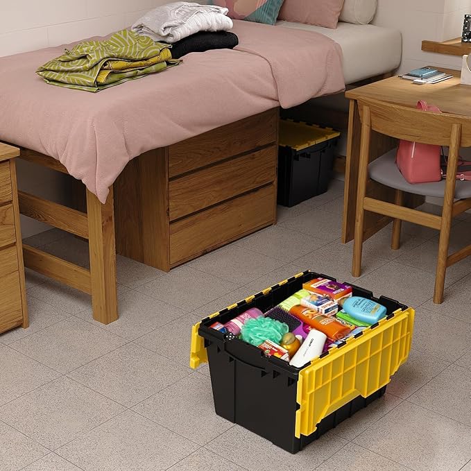 Akro-Mils KeepBox 12 Gallon Storage Container Nesting and Stackable Plastic Storage Box with Lid Attached Organizer Tote for Garages Closets Moving 21-1/2 x 15 x 12-1/2 Black/Yellow 6-Pack