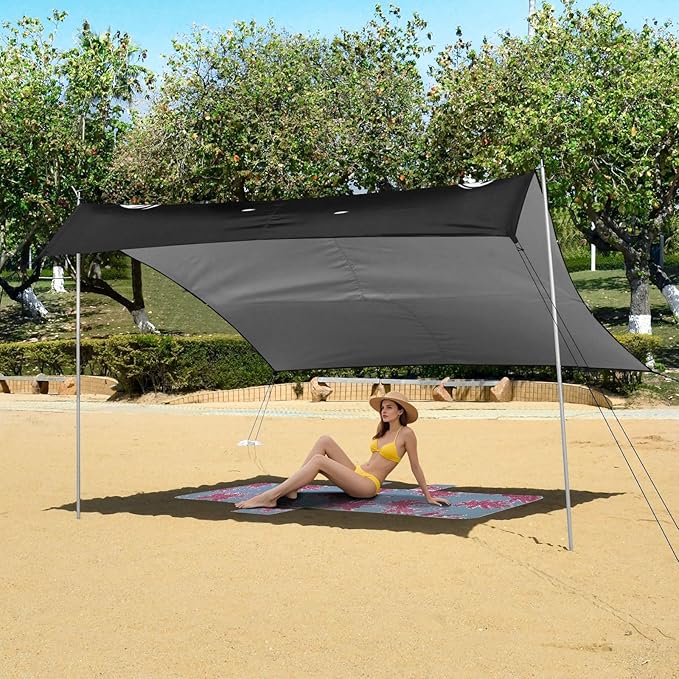 Roaring Tigers Black Beach Cabana UPF50+ Waterproof Portable Sun Shelter with Sandbags and Shovel for Backyard and Camping