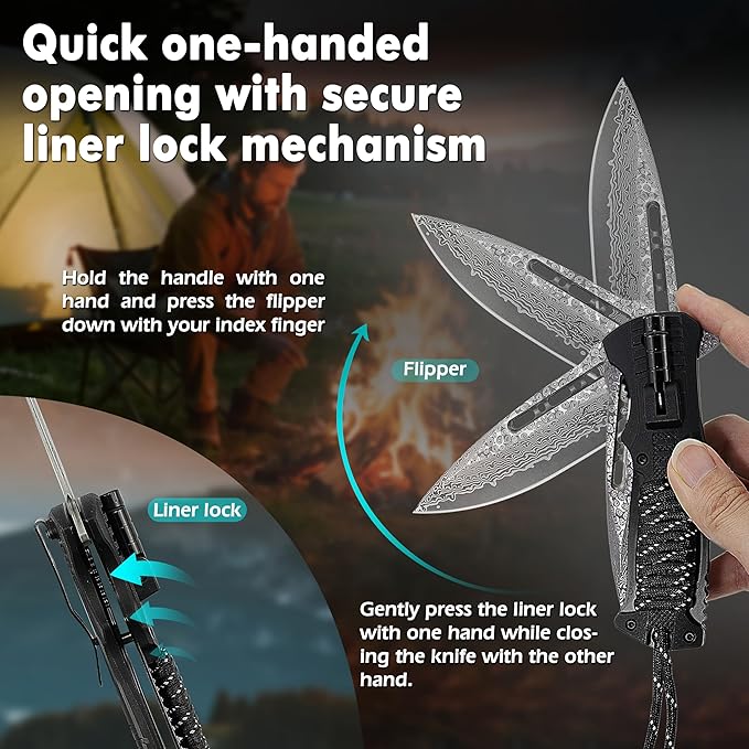 Father's Day Memorial Day &amp Birthday Gift for Him Damascus Pocket Knife Gift for Men Boyfriend Husband Father Veterans – Folding Knife with Fire Starter Whistle LED Light Serrated Blade f