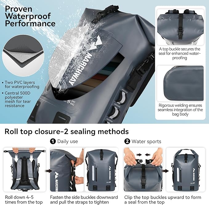 MARCHWAY Roll Top Waterproof Backpack Floating Dry Bag 20L/30L/45L with Ergonomic Rectangular Base Cushioned Back Hip Strap for Hiking Camping Kayaking Travel (Grey 30L)