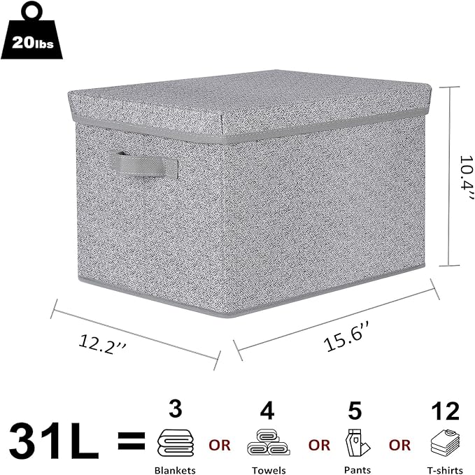 WUIKE Foldable Storage Bins with Lids Storage Boxes with Handles Closet Shelf Organizer Fabric Storage Baskets with Cover for Bedroom 3-Pack Ash Gray Extra Large