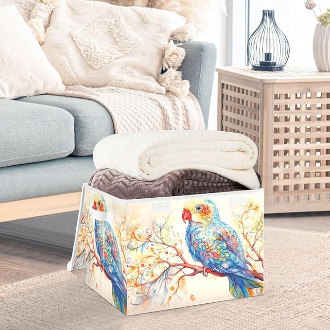 Fantasy Parrot Storage Cube Bins Basket with Lid Collapsible Flip-top Fabric with Handle for Home Bedroom Closet Office 16.5×12.6×11.8 in