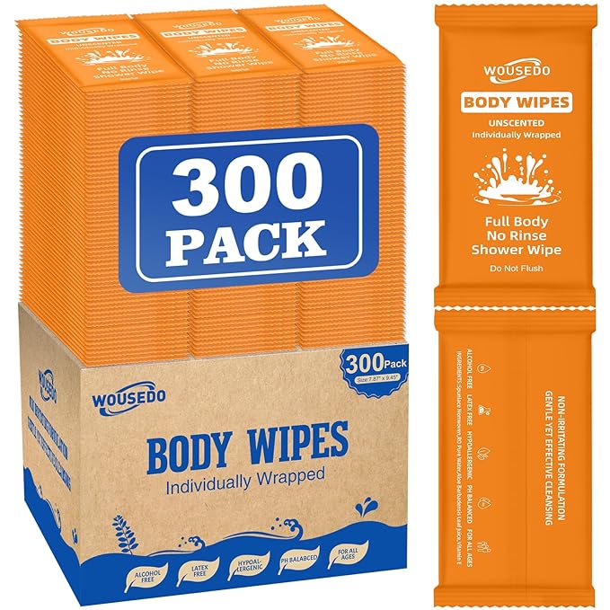 300 Pcs Ultra Thick Soft Large Body Wipes Individually Wrapped(7.87 x 9.45)Shower Wipes for Adults Bathing No RinsePersonal Cleansing Wipes for Travel GymBulk Deodorant for Homeless(Orange)