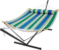 SUPERJARE Curved-Bar Hammock with Stand 2 Person Heavy Duty Hammock Frame Detachable Pillow &amp Portable Carrying Bag Perfect for Outdoor &amp Indoor Green Bold Stripe