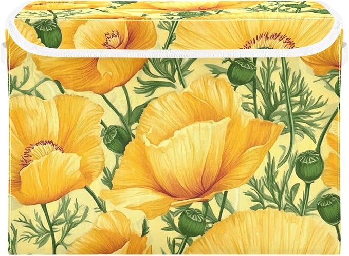 Collapsible Storage Bins with Lids Decorative Fabric Storage Cubes Closet Organizer and Storage Basket Boxes Containers for Clothes Box Chest Nursery Folding Rectangle Yellow Poppy Flowers