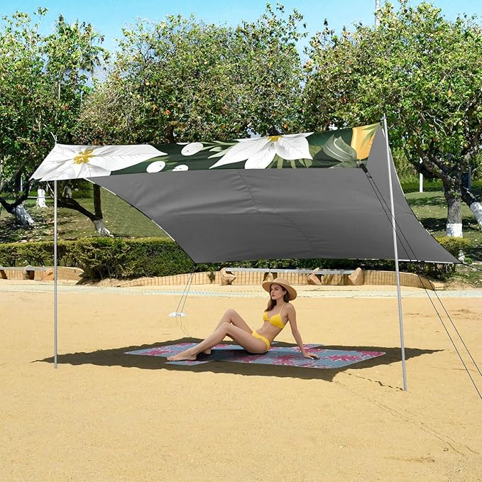 Beach Canopy with Windproof Ropes &amp Sandbags Beach Tent Sun Shade Sun Shelter for Camping Trips Fishing Backyard Fun or Picnics Flowers