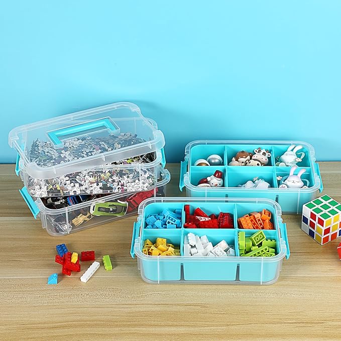 JUXYES 4-Tiers Stack Carry Storage Box With 2 Divided Tray Transparent Stackable Storage Bin With Handle Lid Latching Storage Container for School &amp Office Supplies Blue