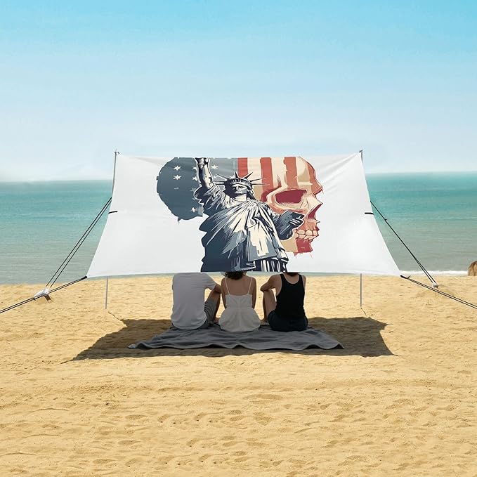 ALAZA Skull USA Flag Statue of Liberty Beach Tent Sun Shelter Portable Canopy Sunshade for Outdoor Camping Picnics Backyard Fun 10x9 ft