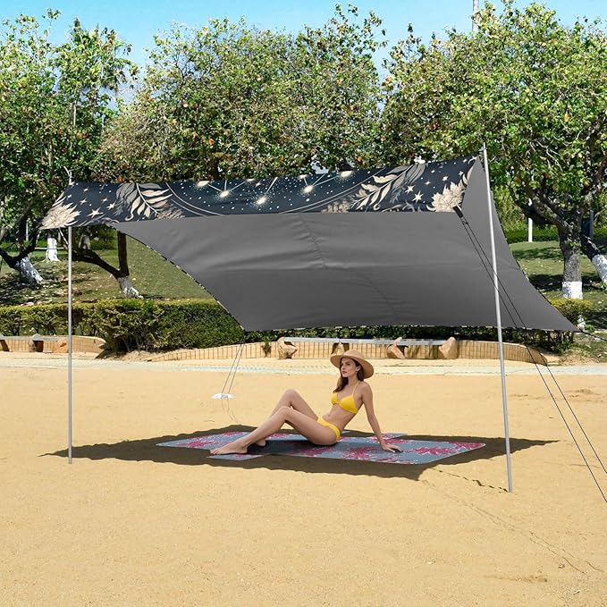 Golden Dreamy Galaxy Fox Beach Tent Sun Shelter Set UPF50+ UV Protection 10.5 x 9.19 FT Camping Shade Canopy with Sandbags Sand Anchors Carrying Bag and Others