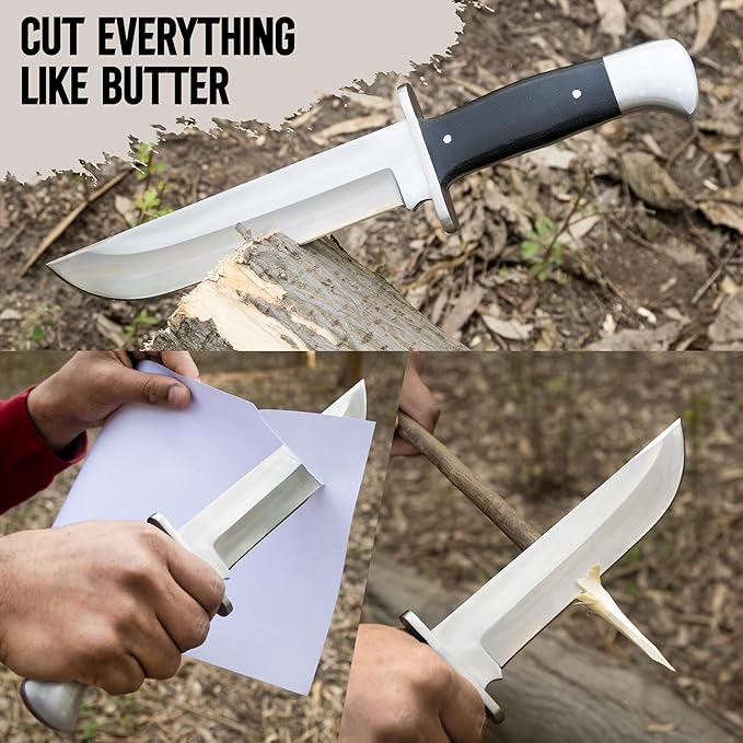 D2 13 Inch Full Tang Fixed Blade Bowie Knife with Leather Sheath - Suitable for Outdoor Bushcraft Survival and Camping Knife with Black Micarta Handle