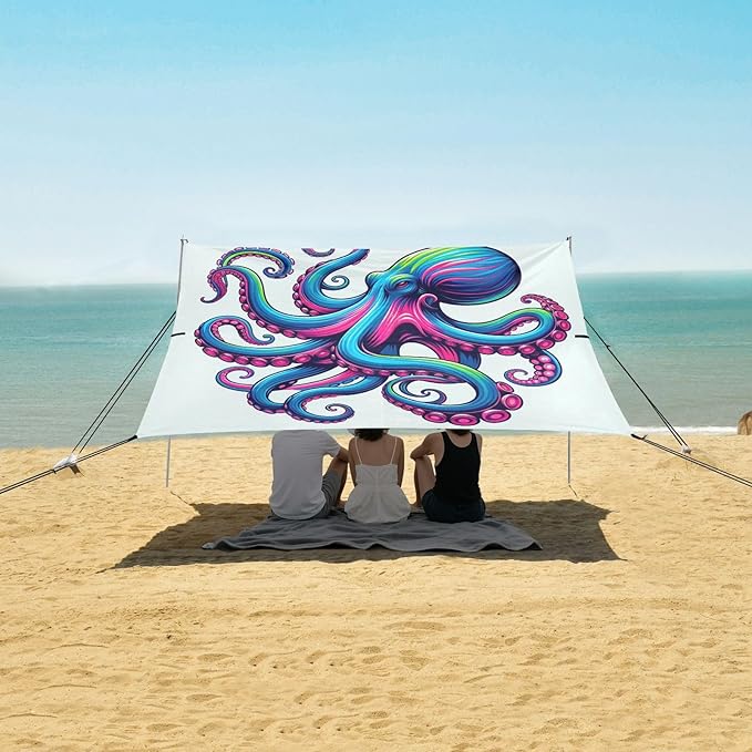 ALAZA Rainbow Octopus Beach Tent Sun Shelter UPF50+ Protection Beach Shade Canopy w/ 4 Sandbags for Outdoor Camping Fishing Backyard Fun Picnic 10x9 ft